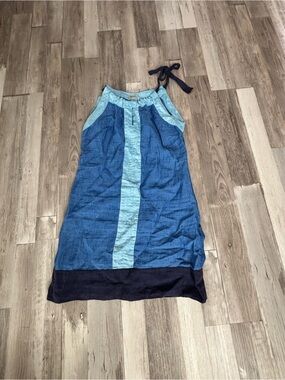 Others Follow Two-Tone Blue Colorblock Maxi Dress with Tie Neck 100 % line